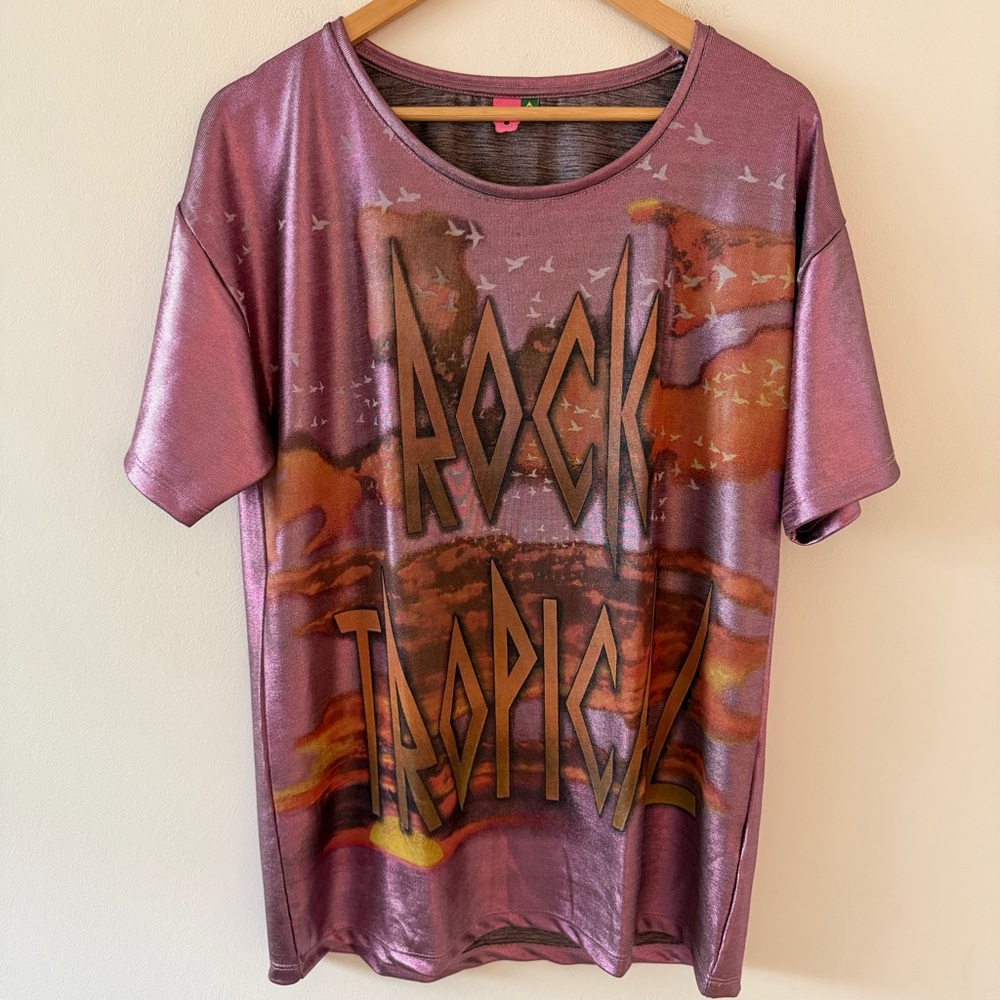 Farm (Rio)  Brazil Rock Tropics Metallic T-Shirt Dress Purple Pink Orange Size P